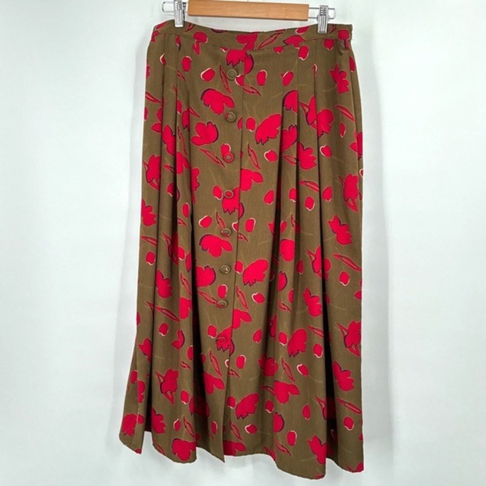 Vintage Button Front Floral Skirt Womens L Brown Red Midi Cottage Boho Librarian